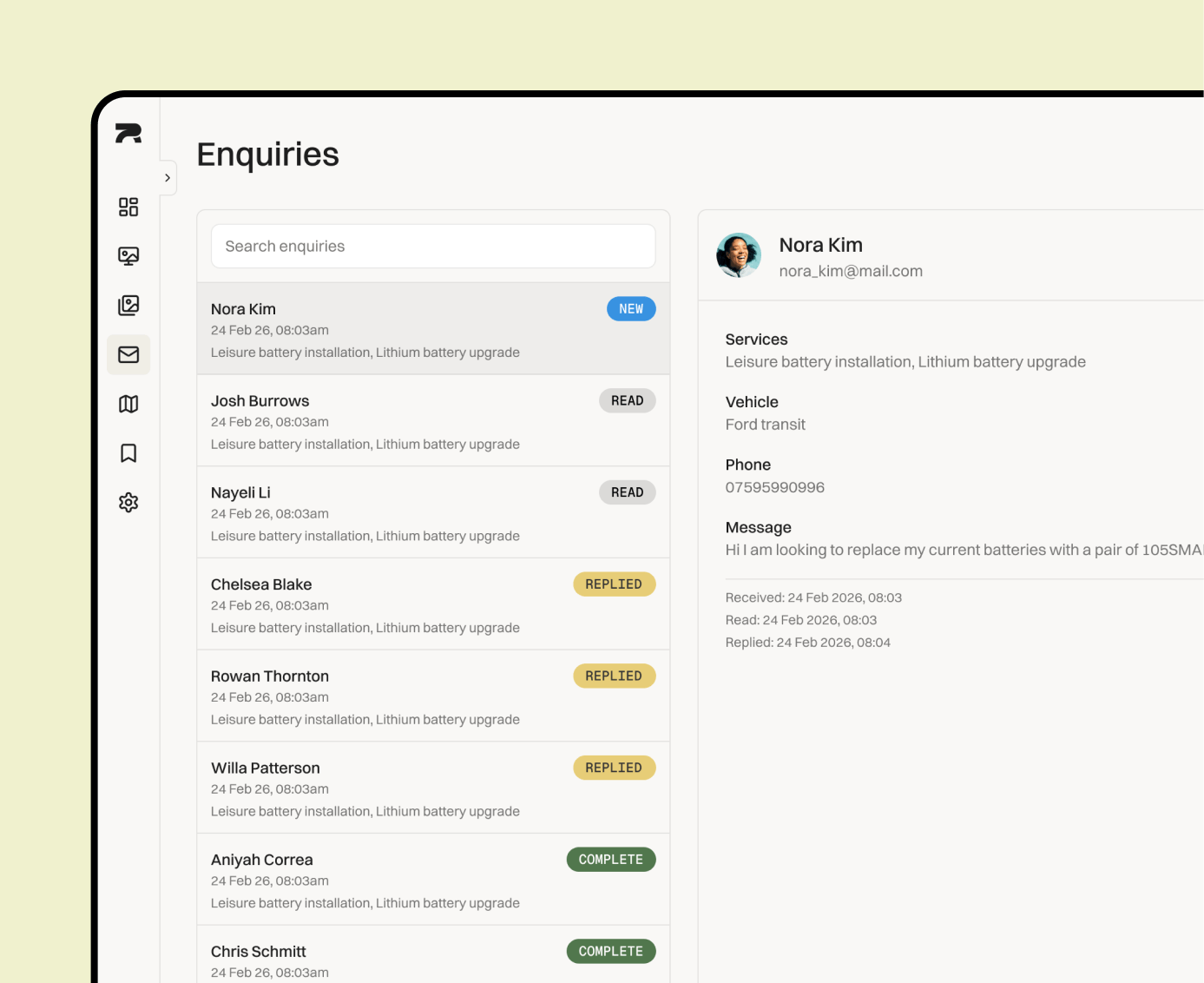 Enquiries dashboard